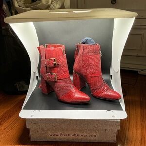 Freebird by Steven Joey Red Croc-Embossed Pointed Toe Ankle Boots with Buckles